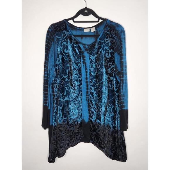 Chicos Zenergy Tunic Womens 3 XL Blue Black Burnout Velvet Long Sleeve Boho Top - Picture 1 of 6